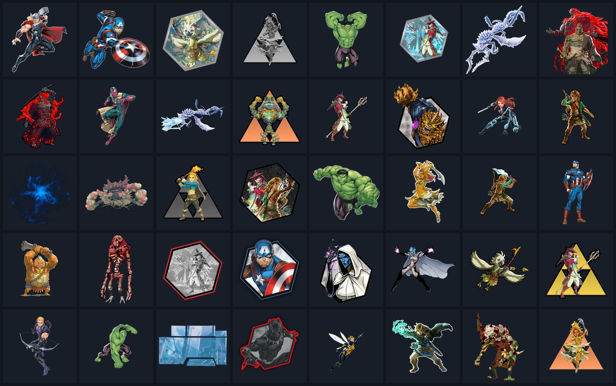 A grid of forty game assets: original Marvel character art beside the Zelda replacements built to take their place.