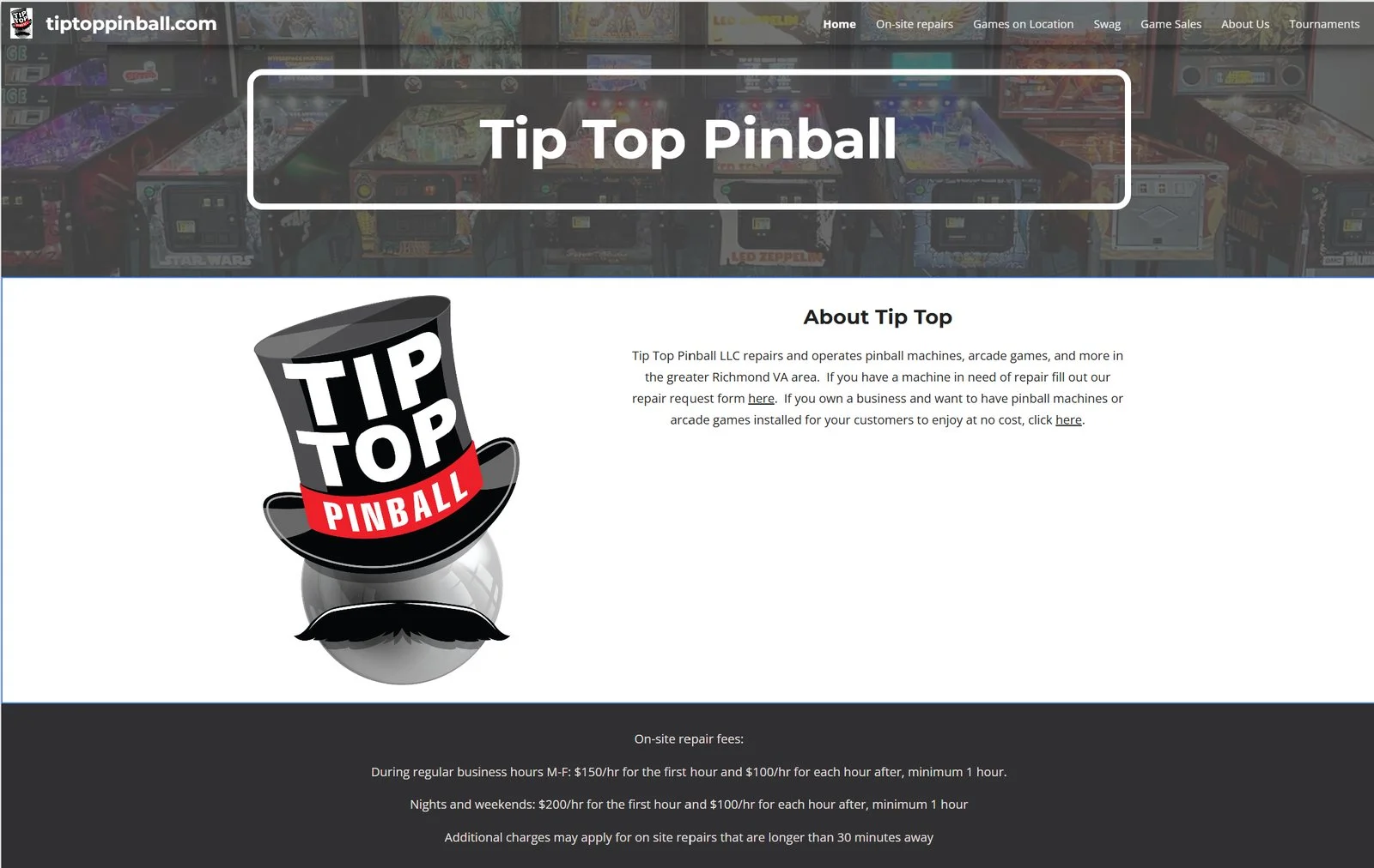 The original Tip Top Pinball Google Sites page, with the company logo, introductory copy and repair fees.