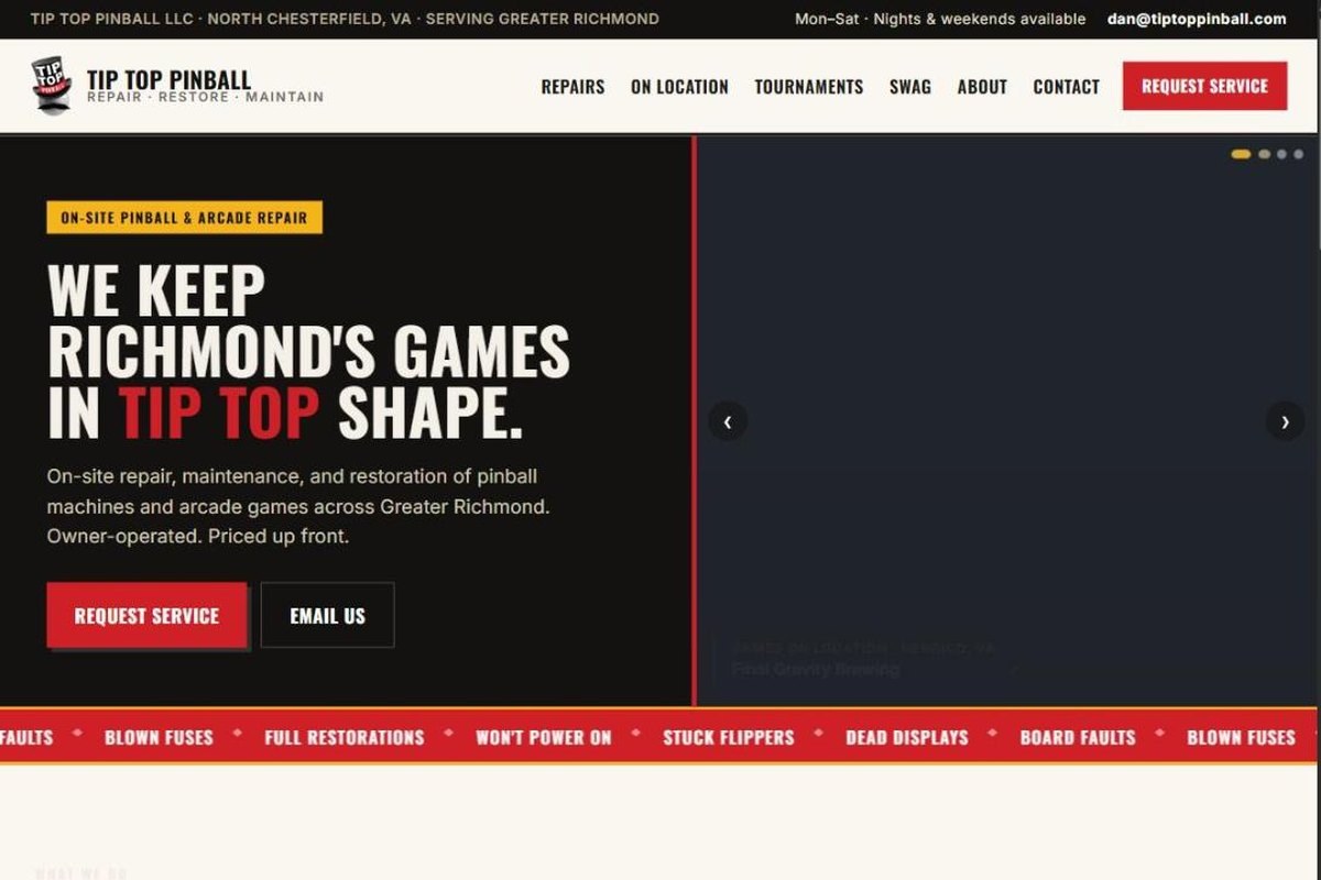 The Tip Top Pinball homepage: dark hero, headline, request service button, and a red band of common faults.