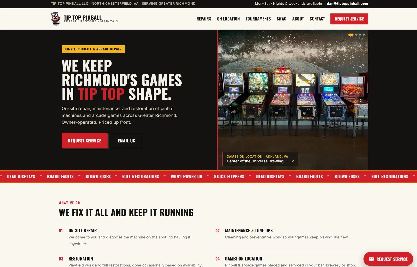The redesigned Tip Top Pinball homepage, with a clear repair offer, a photo of machines on location and a list of common faults.